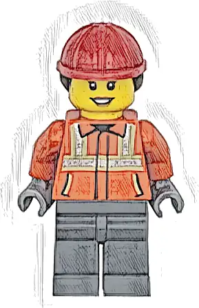 Construction Worker - Female, Reddish Orange Safety Jacket with Reflective Stripes, Dark Bluish Gray Legs, Red Construction Helmet with Dark Brown Ponytail Hair, Hearing Aid