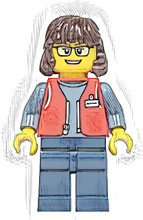 Forklift Driver - Female, Red Vest over Sand Blue Shirt, Dark Blue Legs, Dark Brown Hair