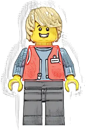 Forklift Driver - Male, Red Vest over Sand Blue Shirt, Black Legs, Tan Hair