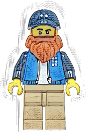 LEGO Truck Driver - Male, Blue Jacket over White Shirt, Dark Tan Legs, Dark Blue Cap, Dark Orange Beard