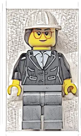 Construction Engineer / Architect - Female, Black Suit Jacket with White Button Up Shirt, Dark Bluish Gray Legs, White Construction Helmet with Dark Brown Ponytail Hair, Glasses