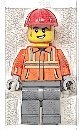 Construction Worker - Male, Reddish Orange Safety Jacket with Reflective Stripes, Dark Bluish Gray Legs, Red Construction Helmet