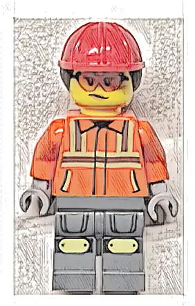 Construction Worker - Female, Reddish Orange Safety Jacket with Reflective Stripes, Dark Bluish Gray Legs with Knee Pads, Red Construction Helmet with Dark Brown Ponytail Hair, Safety Glasses