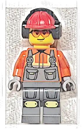Construction Worker - Male, Dark Bluish Gray Overalls over Reddish Orange Safety Jacket with Reflective Stripes, Dark Bluish Gray Legs with Knee Pads, Red Construction Helmet with Black Ear Protectors