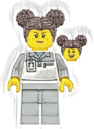 Formula 1 Mechanic - Female, Light Bluish Gray and White Polo Shirt, Light Bluish Gray Legs, Dark Brown Hair with Buns, Freckles