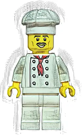 Pizza Slice Soapbox Race Car Driver (Chef) - Male, White Torso with 8 Buttons, No Wrinkles Front or Back, White Legs, White Chef Toque, Moustache