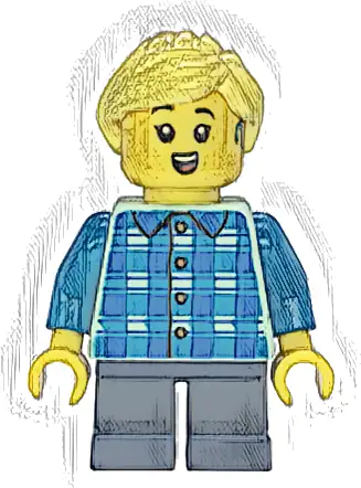 Child - Girl, Blue and Dark Azure Plaid Shirt, Dark Blue Short Legs, Bright Light Yellow Ponytail, Hearing Aid