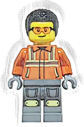 Construction Worker - Male, Reddish Orange Safety Jacket with Reflective Stripes, Dark Bluish Gray Legs with Knee Pads, Black Coiled Hair, Safety Glasses