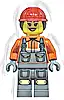 Minifigurka LEGO® cty1855 Construction Worker - Female, Dark Bluish Gray Overalls over Reddish Orange Safety Jacket with Reflective Stripes, Dark Bluish Gray Legs with Knee Pads, Red Construction Helmet with Dark Brown Ponytai