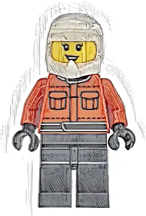 Formula 1 Pit Crew Member - Female, Reddish Orange Racing Suit with Pockets, Dark Bluish Gray Legs, White Dirt Bike Helmet