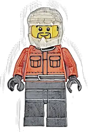 Formula 1 Pit Crew Member - Male, Reddish Orange Racing Suit with Pockets, Dark Bluish Gray Legs, White Dirt Bike Helmet, Goatee, Hearing Aid