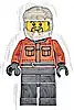 Minifigurka LEGO® cty1866 Formula 1 Pit Crew Member - Male, Reddish Orange Racing Suit with Pockets, Dark Bluish Gray Legs, White Dirt Bike Helmet, Goatee, Hearing Aid