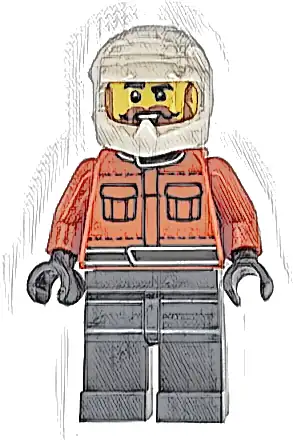 Formula 1 Pit Crew Member - Male, Reddish Orange Racing Suit with Pockets, Dark Bluish Gray Legs, White Dirt Bike Helmet, Beard and Moustache