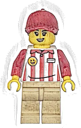 Hot Dog Soapbox Race Car Driver (Vendor) - Female, Red and White Striped Shirt, Tan Legs, Red Ball Cap with Reddish Brown Ponytail