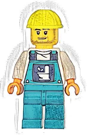 Toilet Soapbox Race Car Driver (Plumber) - Male, Dark Turquoise Overalls with Toilet Logo, Dark Turquoise Legs, Neon Yellow Construction Helmet, Stubble