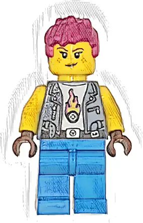 Soapbox Race Car Mechanic - Female, Sand Blue Vest, Dark Azure Legs, Magenta Messy Hair, Freckles