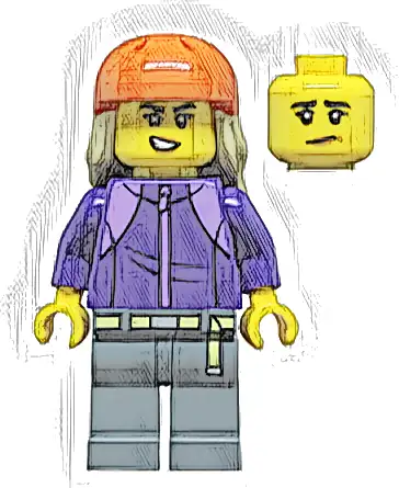 Skateboarder - Female, Dark Purple Tracksuit, Dark Bluish Gray Legs, Reddish Orange Sports Helmet, Tan Long Hair