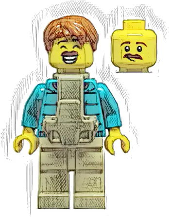 Dad - Dark Turquoise Jacket over Dark Purple Shirt, Tan Legs, Dark Orange Hair, Baby Carrier