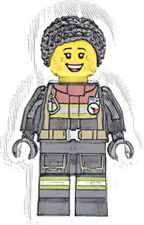 Fire - Female, Black Jacket and Legs with Reflective Stripes and Red Collar, Black Hair Braided with Knot Bun, Freckles