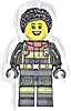 Minifigurka LEGO® cty1883 Fire - Female, Black Jacket and Legs with Reflective Stripes and Red Collar, Black Hair Braided with Knot Bun, Freckles