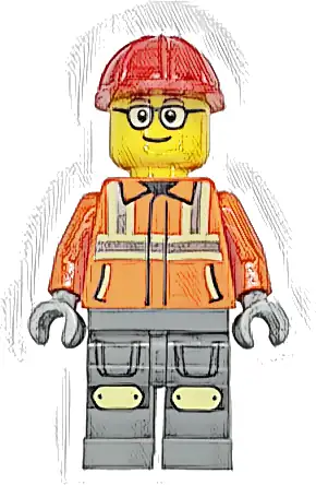 Construction Worker - Male, Reddish Orange Safety Jacket with Reflective Stripes, Dark Bluish Gray Legs with Knee Pads, Red Construction Helmet