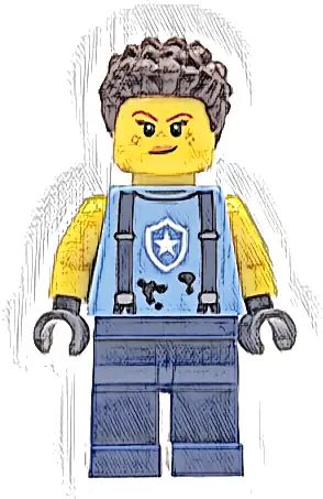 Police Mechanic - Female, Bright Light Blue Shirt with Suspenders, Black Splotches and White Star Badge Logo, Dark Blue Legs, Dark Brown Coiled Hair