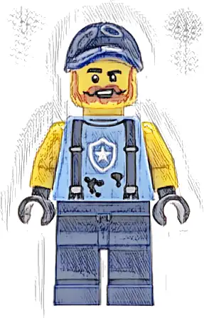 Police Mechanic - Male, Bright Light Blue Shirt with Suspenders, Black Splotches and White Star Badge Logo, Dark Blue Legs and Cap, Dark Orange Beard