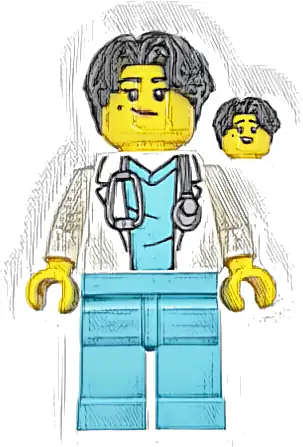 Doctor - Female, White Lab Coat with Stethoscope, Medium Azure Scrubs, Black Hair