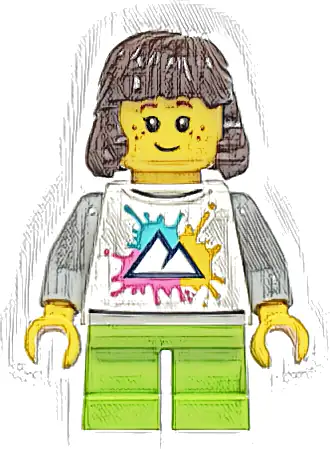 Child - Girl, White Shirt with Mountains Logo, Lime Short Legs, Dark Brown Hair