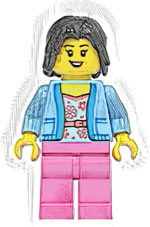 Passenger - Female, Bright Light Blue Jacket over White Shirt with Coral Flowers, Dark Pink Legs, Black Hair