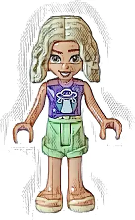 Friends Nova - Dark Purple and Metallic Pink Shirt, Yellowish Green Shorts, Bright Light Yellow Sandals