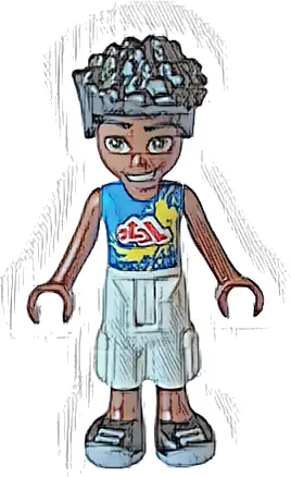 Friends Zac - Blue Shirt with Red Symbols and Yellow Splotches, White Cropped Trousers, Black Shoes