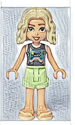 Friends Nova - Black and White Shirt with Video Game Controller, Yellowish Green Shorts, Bright Light Yellow Sandals