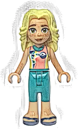 Friends Dia - Coral and Yellow Wetsuit with Dolphin / Whale Logo and Triangles, Dark Turquoise Trousers, Dark Blue Sandals