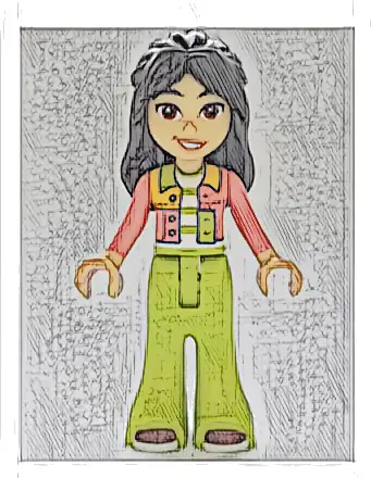 Friends Liann - Coral Patchwork Jacket, Lime Trousers Bell-Bottoms, Dark Red Shoes