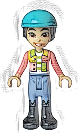 Friends Liann - Coral Patchwork Jacket, Sand Blue Trousers, Black Boots, Dark Turquoise Horse Riding Helmet