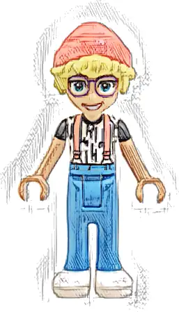 Friends Olly - White Shirt with Black Stripes, Coral Suspenders, Dark Azure Trousers, White Shoes, Coral Hat