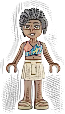 Friends Celine - Coral, Medium Azure and Bright Light Yellow Top, White Skirt, Tan Sandals