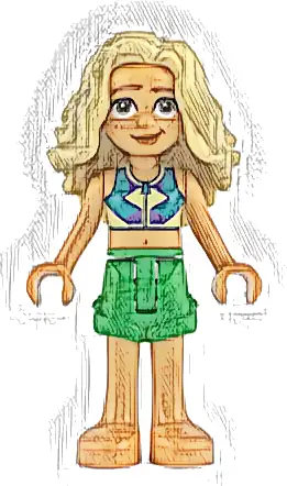 Friends Sage - Dark Turquoise, Yellowish Green and Dark Purple Sleeveless Top, Bright Green Shorts, Bare Feet