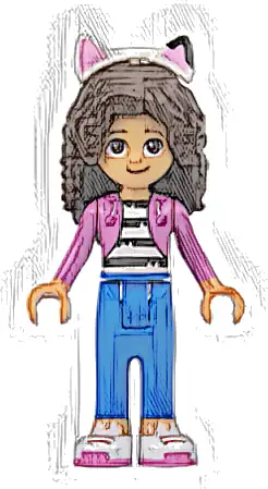 Gabby - Dark Pink Jacket over Black and White Striped Shirt, Blue Trousers