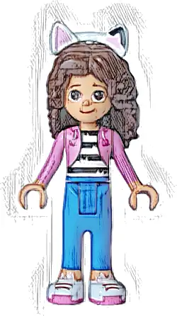 Gabby - Dark Pink Jacket over Black and White Striped Shirt, Blue Trousers, Dark Brown Hair with Internal Supports
