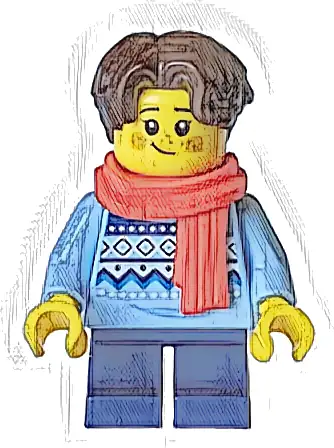 Child - Girl, Bright Light Blue Knit Fair Isle Sweater, Dark Blue Short Legs, Dark Brown Hair, Freckles, Red Scarf