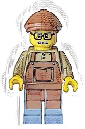 Lodge Owner - Male, Dark Tan Shirt with Reddish Brown Apron, Sand Blue Legs, Reddish Brown Flat Cap, Moustache, Glasses