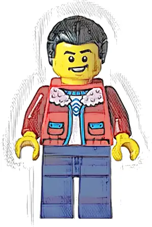 Minifigurka LEGO® hol354 Man - Red Jacket with White Fleece Collar, Dark Blue Legs, Black Hair Ponytail