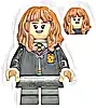 Minifigurka LEGO® hp439 Hermione Granger - Gryffindor Robe Clasped, Black Skirt, Black Short Legs with Dark Bluish Gray Stripes, Open Mouth Smile / Confused