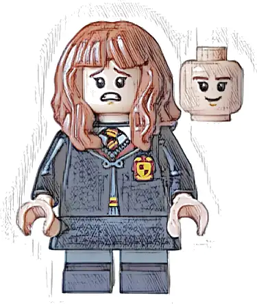 Hermione Granger - Gryffindor Robe Clasped, Black Skirt, Black Short Legs with Dark Bluish Gray Stripes, Open Mouth Scared / Closed Mouth Grin