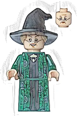 Professor Minerva McGonagall - Dark Green Robe over Black Dress, Hat with Hair, Printed Arms