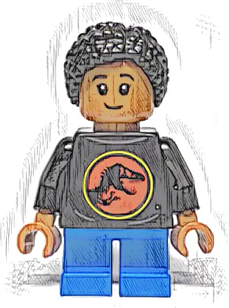 Junior Paleontologist - Girl, Black Shirt with Jurassic Park Logo, Blue Short Legs, Black Hair Braided with Knot Bun