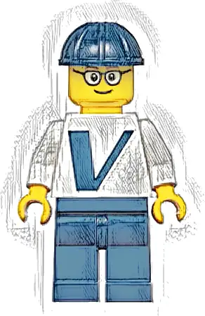 Male with Vestas Logo on Torso, Dark Blue Legs, Dark Blue Construction Helmet, Glasses