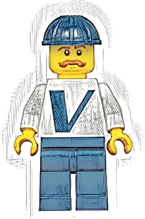 Male with Vestas Logo on Torso, Dark Blue Legs, Dark Blue Construction Helmet, Moustache